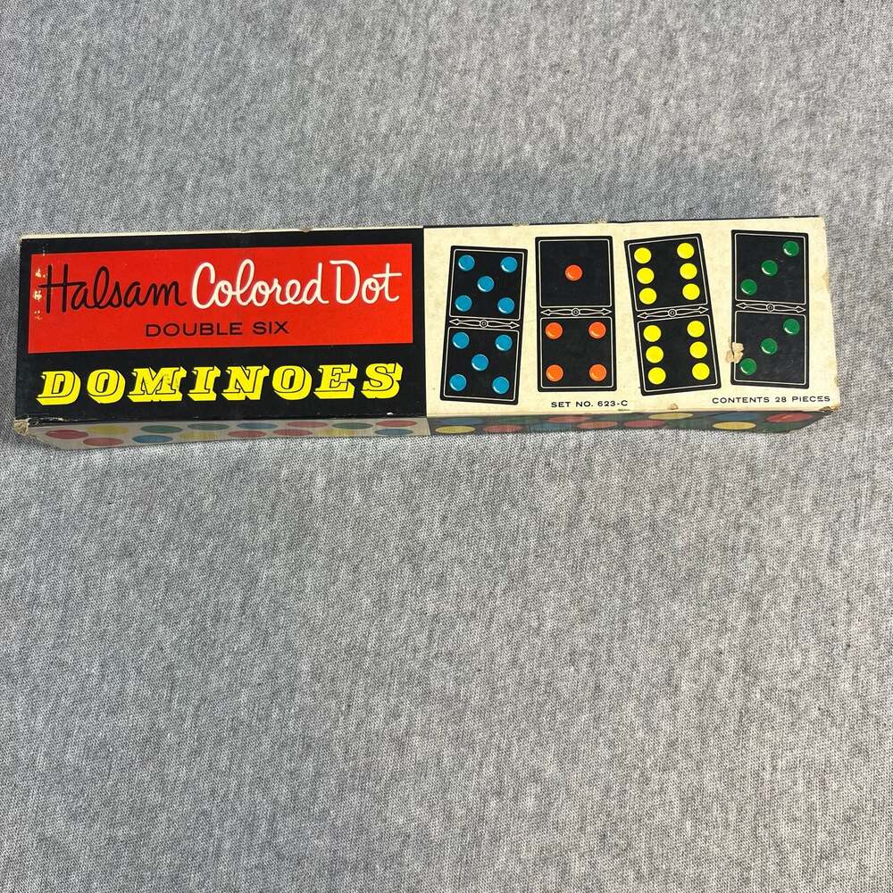 Vintage Halsam Colored Dot Double Six Dominoes Set No. 623-C, 56 total dominoes
